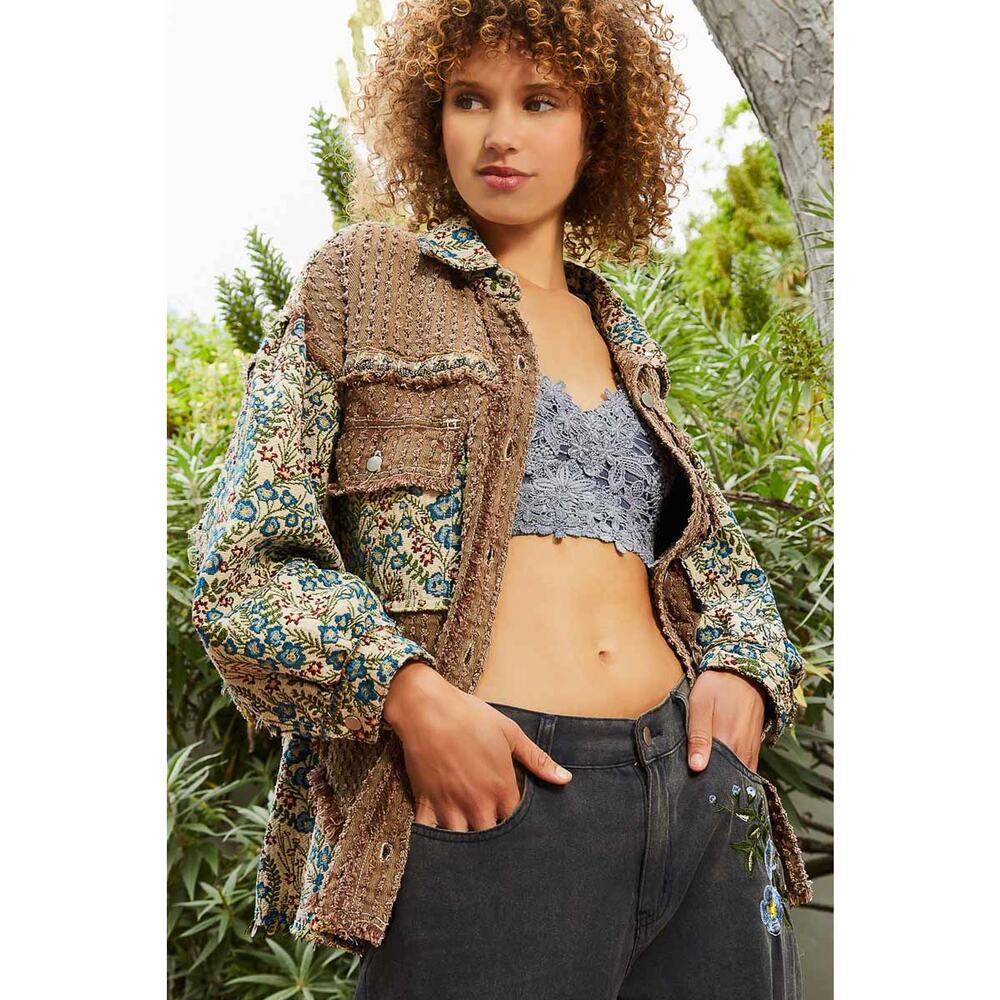 POL Chocolate Multi Oversized Jacquard Tapestry Button Down Floral Print Shacket